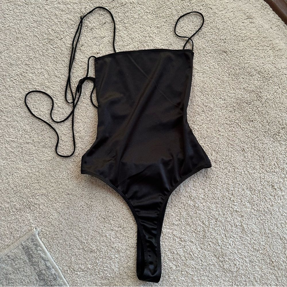 Motel Rocks black open back strappy thong bodysuit